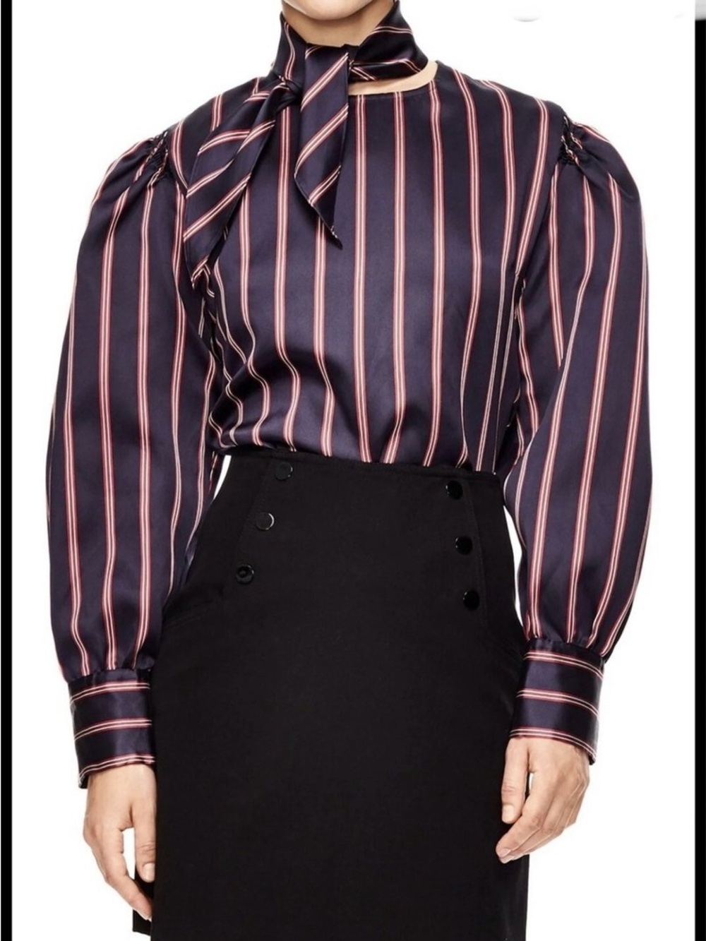 Sandro Navy and  red Striped Tie-Neck Blouse